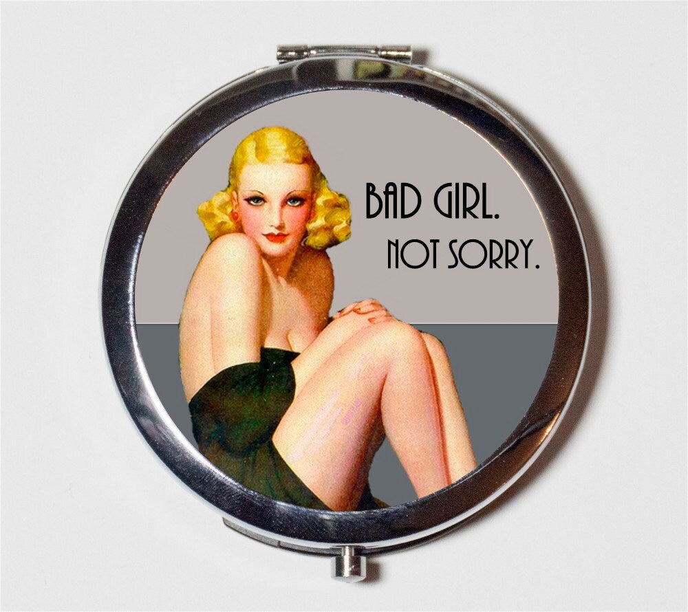 Retro Humor Compact Mirror - 1950s Pinup Bad Girl Not Sorry Funny Kitsch Pin Up - Make Up Pocket Mirror for Cosmetics