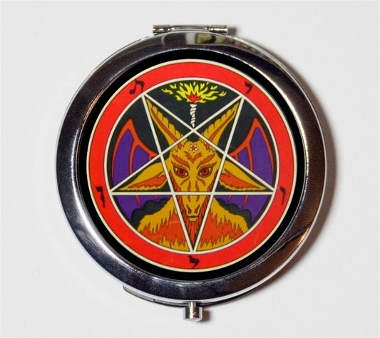 Baphomet Pentagram Compact Mirror - Goat Head Occult Magick - Make Up Pocket Mirror for Cosmetics