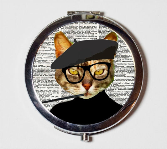 Beatnik Kitty Compact Mirror - Cat Kitten Animal Pop Art Anthropomorphic Beat Generation - Make Up Pocket Mirror for Cosmetics