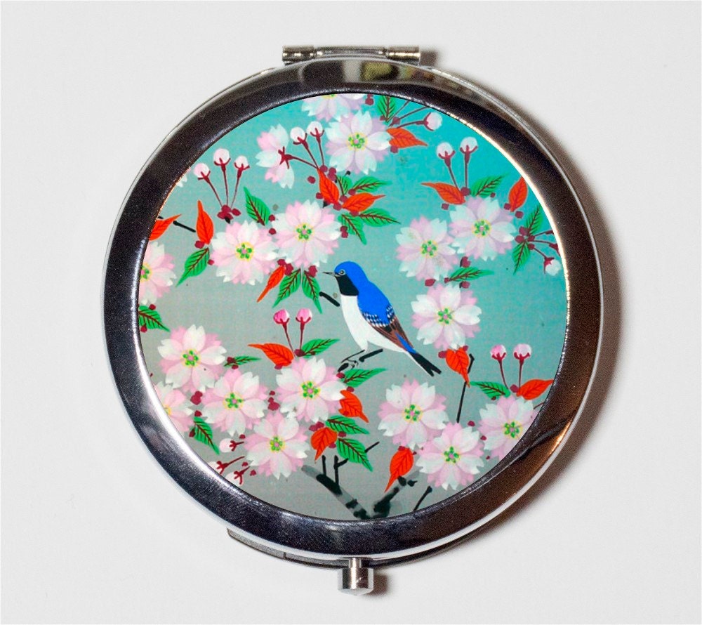 Bluebird Cherry Blossoms Compact Mirror - Bird on Tree Animal Art - Make Up Pocket Mirror for Cosmetics