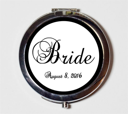 Bride Wedding Party Compact Mirror - Customized with Your Wedding Date Bridal Party Gift - Make Up Pocket Mirror for Cosmetics