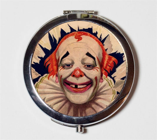 Circus Clown Compact Mirror - Vintage Illustration Retro Kitsch - Make Up Pocket Mirror for Cosmetics