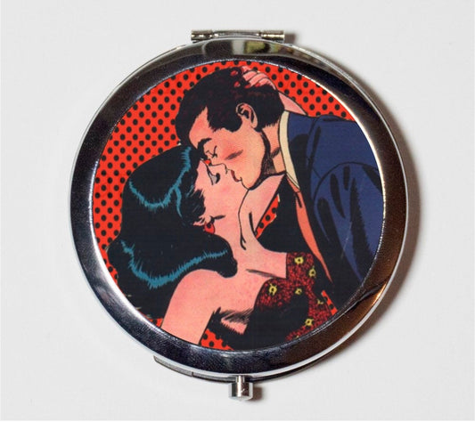 Comic Book Kiss Compact Mirror - Vintage 1950s Romance Comic Book Art Retro - Make Up Pocket Mirror for Cosmetics