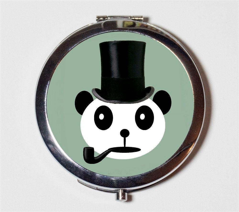 Victorian Steampunk Panda Compact Mirror - Dapper Bear in Top Hat with Pipe - Make Up Pocket Mirror for Cosmetics