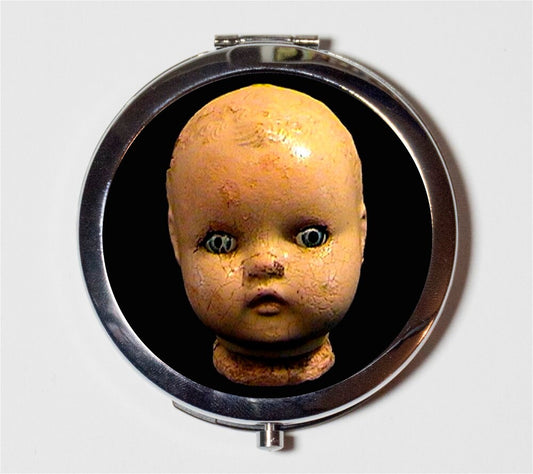 Creepy Doll Head Compact Mirror - Victorian Goth Horror Macabre Gothic - Make Up Pocket Mirror for Cosmetics