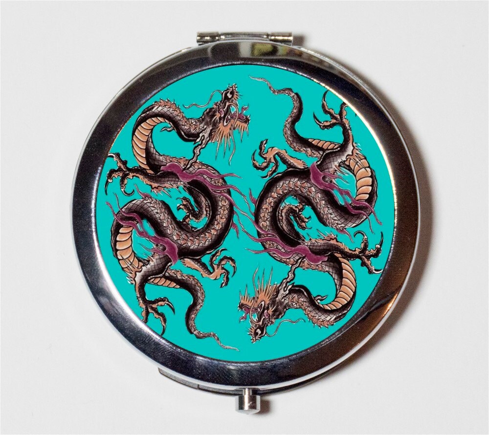 Dragon Tattoo Compact Mirror - Japanese Dragons on Blue Asian Art - Make Up Pocket Mirror for Cosmetics