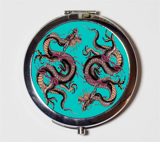 Dragon Tattoo Compact Mirror - Japanese Dragons on Blue Asian Art - Make Up Pocket Mirror for Cosmetics