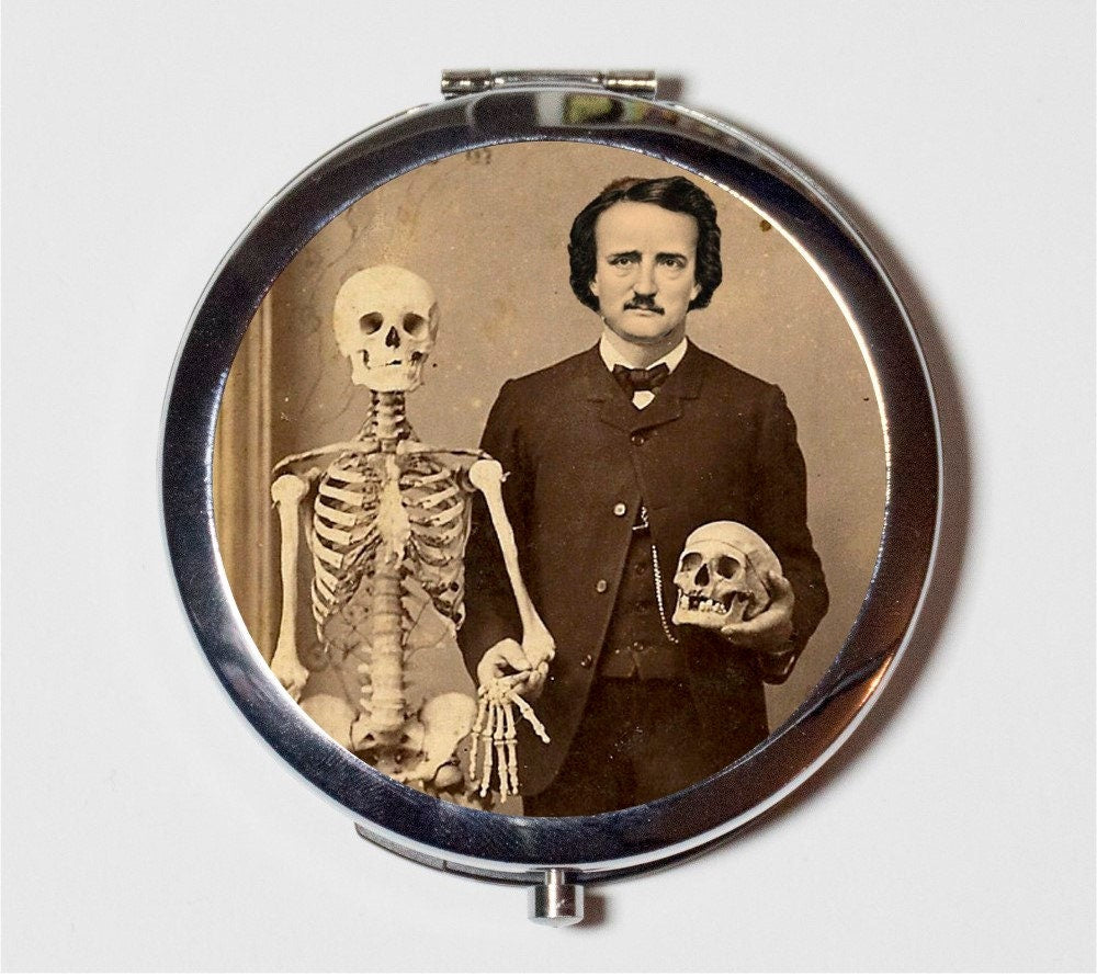 Edgar Allan Poe Skeleton Compact Mirror - Pop Surrealism Literary Literature Goth Author The Raven - Make Up Pocket Mirror for Cosmetics