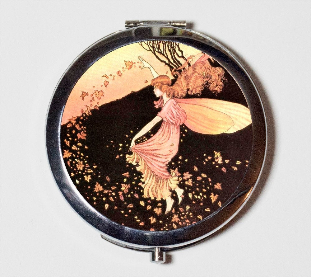 Fairy with Leaves Compact Mirror - Autumn Storybook Fairy Tale Fairytale - Make Up Pocket Mirror for Cosmetics