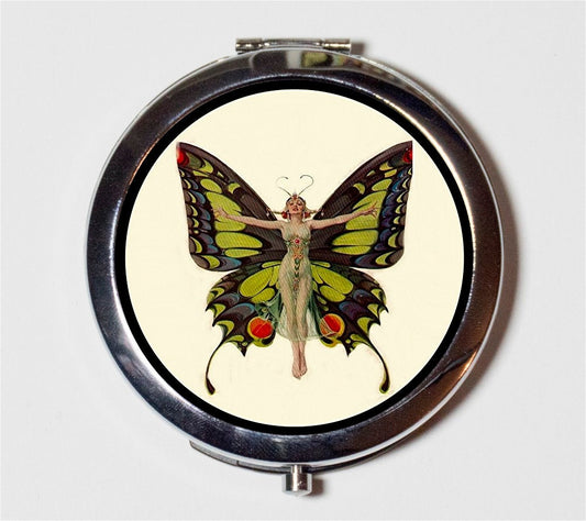 Art Deco Butterfly Compact Mirror - Flapper 1920's Jazz Age Roaring 20s Butterflies - Make Up Pocket Mirror for Cosmetics