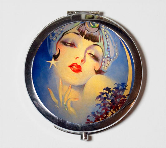 Gypsy Art Deco Moon Compact Mirror - Flapper 1920's Jazz Age Roaring 20s Portrait - Make Up Pocket Mirror for Cosmetics