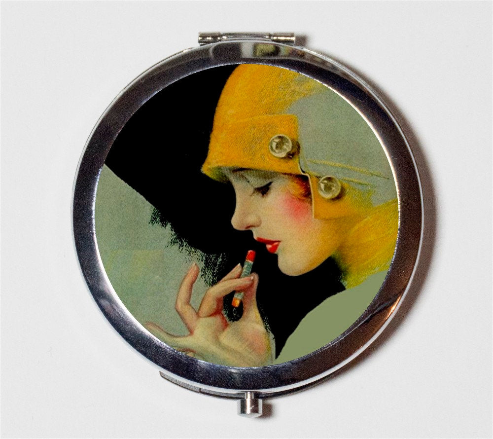 Flapper Putting Lipstick Compact Mirror - Art Deco 1920's Jazz Age Roaring 20s Portrait Elegant - Make Up Pocket Mirror for Cosmetics