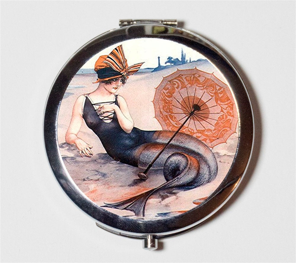 Flapper Mermaid Compact Mirror - Art Deco 1920's Jazz Age Roaring 20s Portrait on Beach - Make Up Pocket Mirror for Cosmetics