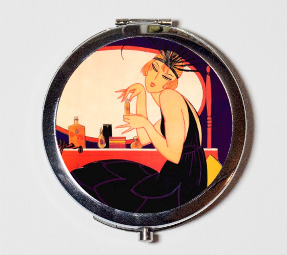 Flapper Perfume Illustration Compact Mirror - Art Deco 1920's Jazz Age Roaring 20s - Make Up Pocket Mirror for Cosmetics