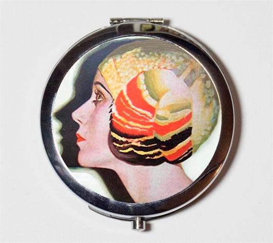 Flapper Profile Illustration Compact Mirror - Art Deco 1920's Jazz Age Roaring 20s - Make Up Pocket Mirror for Cosmetics