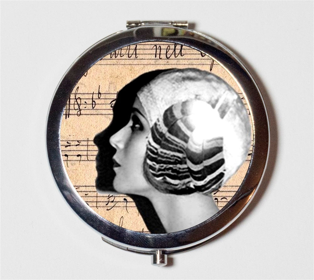 Flapper Sheet Music Profile Compact Mirror - Art Deco 1920's Jazz Age Roaring 20s - Make Up Pocket Mirror for Cosmetics