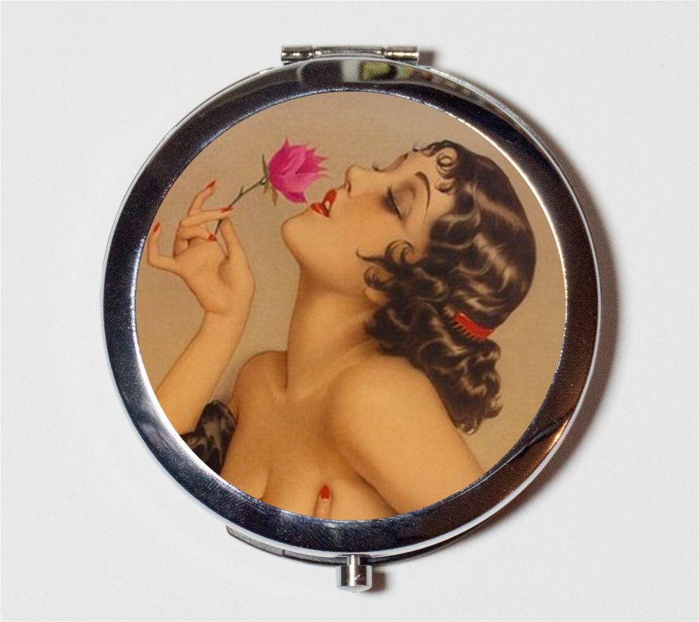 Flapper With Rose Compact Mirror - Art Deco Illustration 1920's Jazz Age Roaring 20s - Make Up Pocket Mirror for Cosmetics