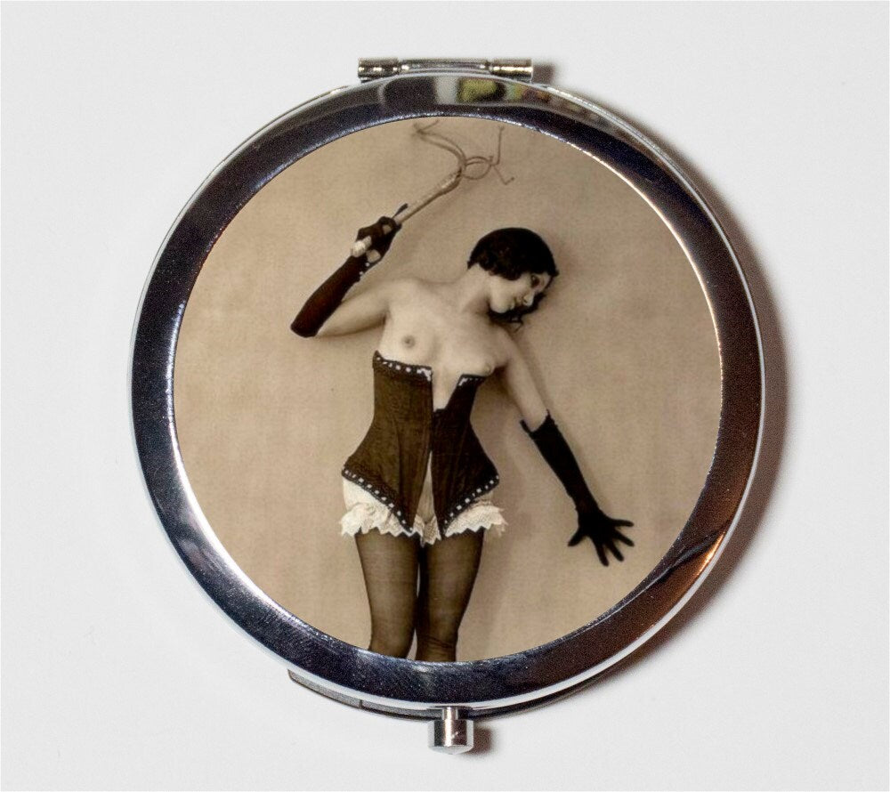 Flapper Whip BDSM Compact Mirror - Fetish 1920's Jazz Age Roaring Mature Risque - Make Up Pocket Mirror for Cosmetics