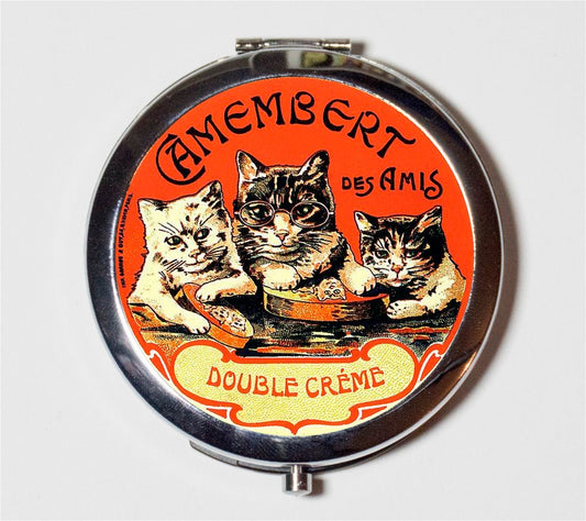 French Cat Creme Ad Compact Mirror - Vintage Advertisement Cats Whimsical - Make Up Pocket Mirror for Cosmetics