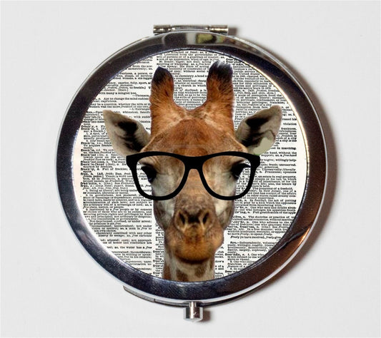 Giraffe Nerd Compact Mirror - Anthropomorphic Animal with Eyeglasses Pop Art Hipster - Make Up Pocket Mirror for Cosmetics