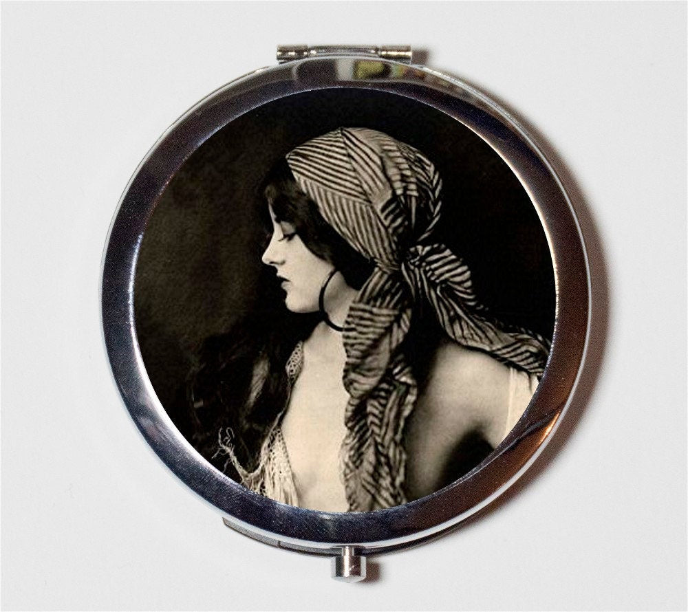 Gypsy Flapper Follies Compact Mirror - 1920's Jazz Age Roaring 20s Ziegfeld Follies Boho Bohemian - Make Up Pocket Mirror for Cosmetics