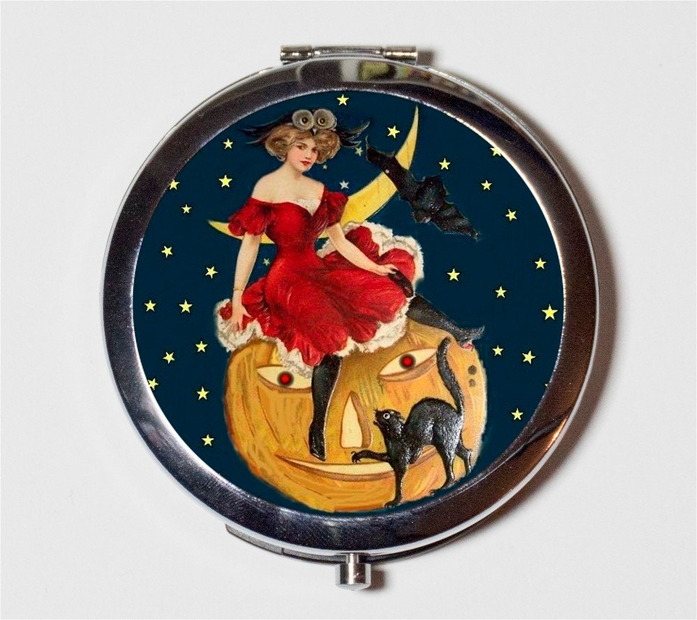 Edwardian Halloween Witch Compact Mirror - with Pumpkin and Cat Victorian - Make Up Pocket Mirror for Cosmetics