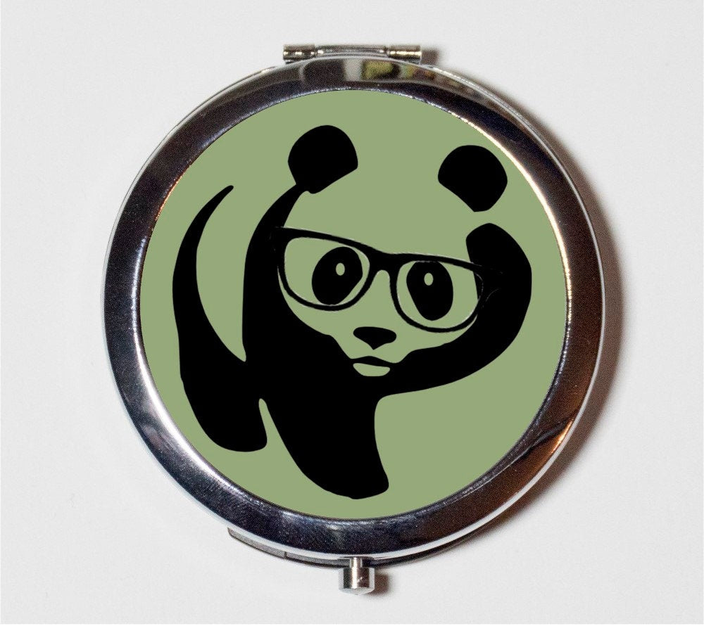 Panda Nerd Compact Mirror - Anthropomorphic Animal with Eyeglasses Pop Art Hipster - Make Up Pocket Mirror for Cosmetics