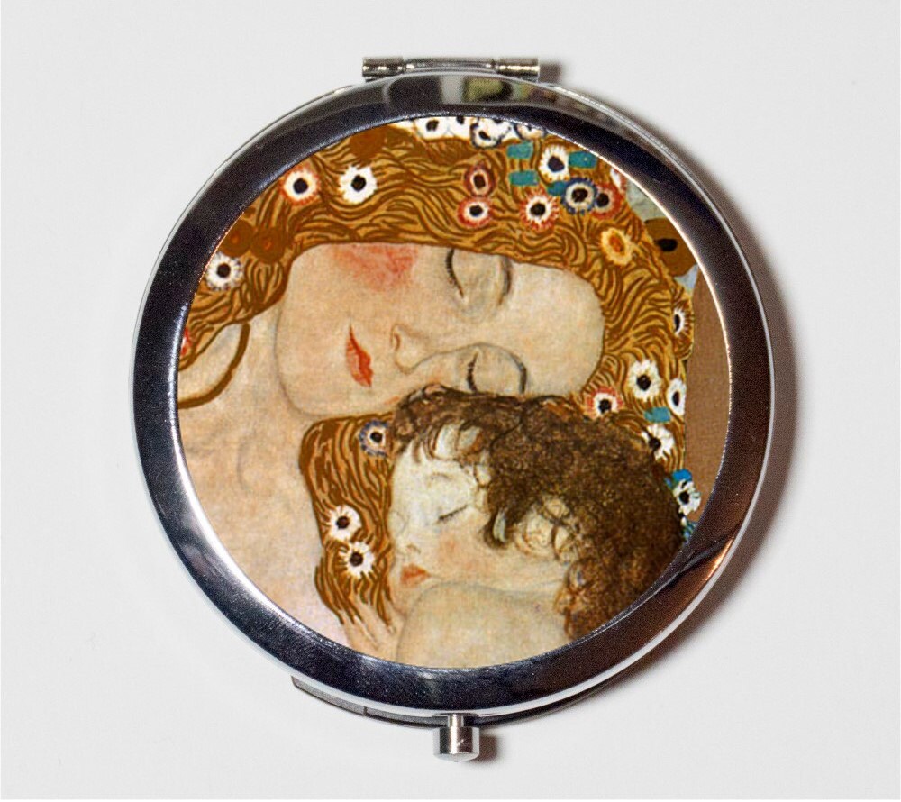 Gustav Klimt Mother and Child Compact Mirror - Fine Art Painting - Make Up Pocket Mirror for Cosmetics