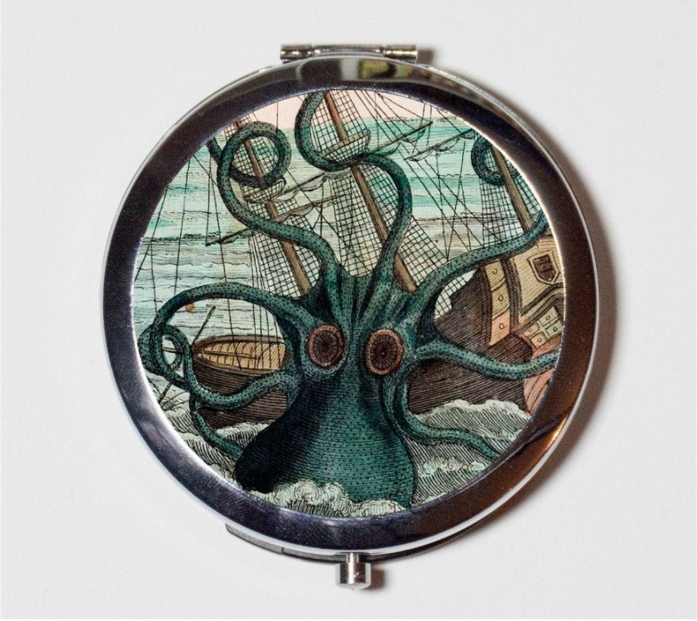 Kraken Sea Monster Compact Mirror - Octopus Squid Nautical Ship Litho - Make Up Pocket Mirror for Cosmetics