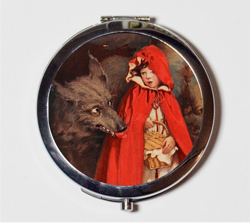 Little Red Riding Hood Compact Mirror - Storybook Fairy Tale Fairytale Illustration Big Bad Wolf - Make Up Pocket Mirror for Cosmetics