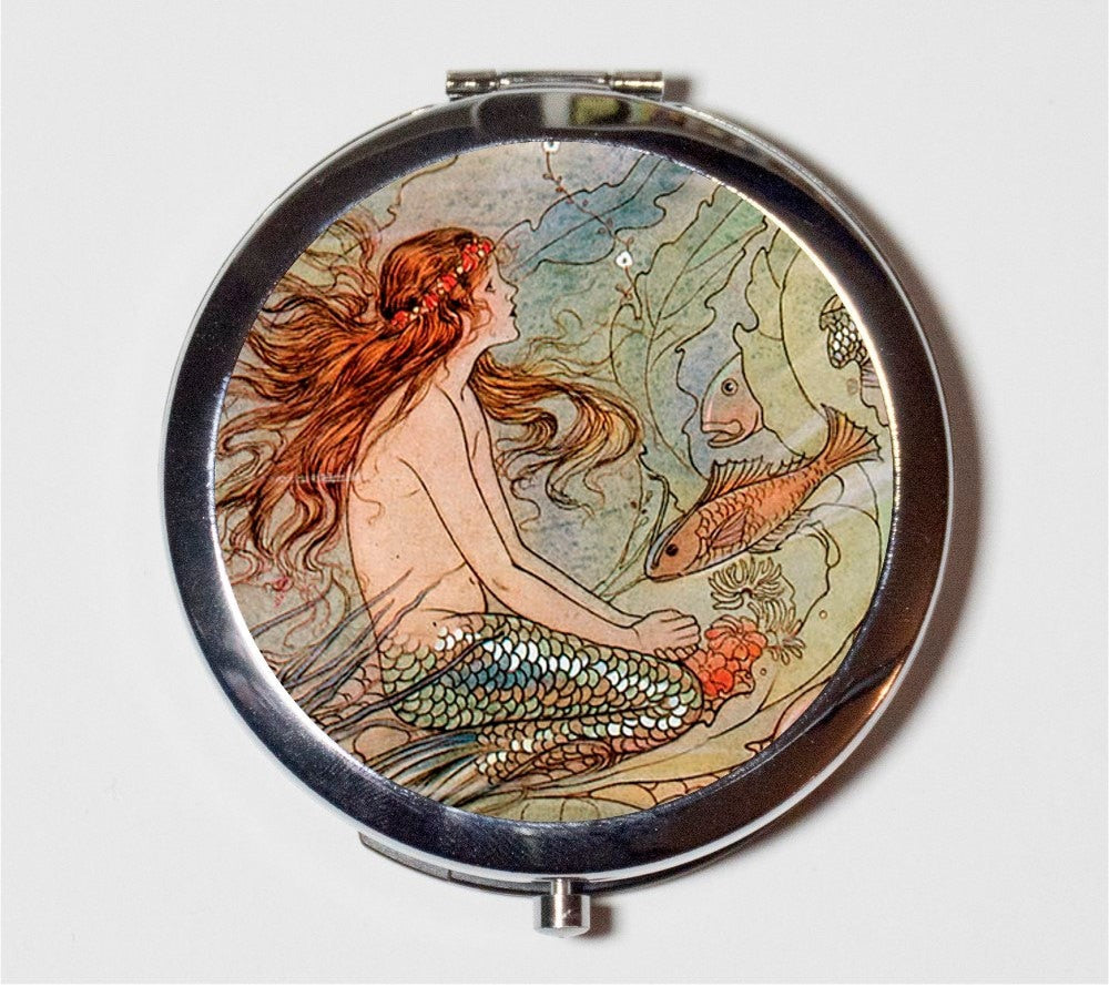 Mermaid with Fish Compact Mirror - Nautical Beach Ocean Sea Siren Mermaids - Make Up Pocket Mirror for Cosmetics