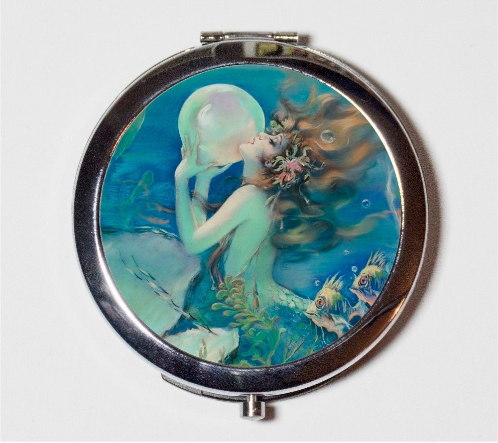 Mermaid with Pearl Compact Mirror - Nautical Beach Ocean Sea Siren Mermaids - Make Up Pocket Mirror for Cosmetics