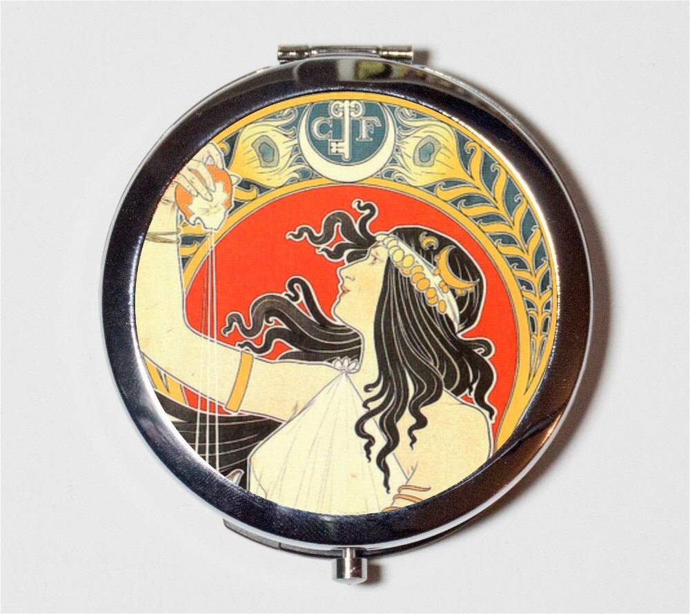 Alphonse Mucha Compact Mirror - Bitter Oriental Art Nouveau Boho Bohemian Gypsy  - Make Up Pocket Mirror for Cosmetics