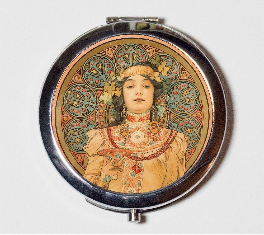 Alphonse Mucha Compact Mirror - Tribal Floral Art Nouveau Boho Bohemian Gypsy  - Make Up Pocket Mirror for Cosmetics