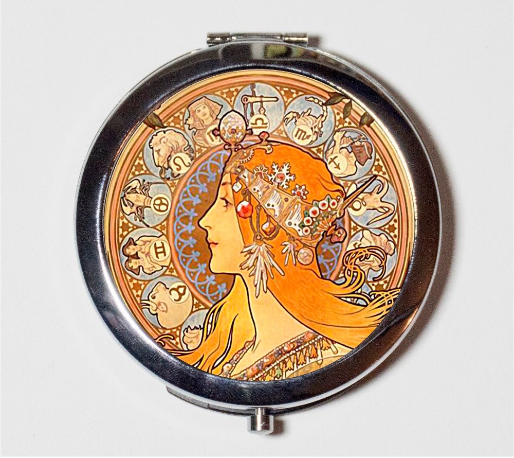 Alphonse Mucha Compact Mirror - Zodiac Art Nouveau Boho Bohemian Gypsy  - Make Up Pocket Mirror for Cosmetics