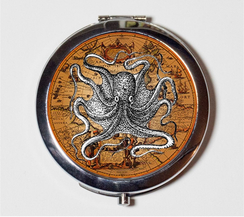 Victorian Octopus Map Compact Mirror - Haeckel Nautical Ocean Kraken Sea Creatures  - Make Up Pocket Mirror for Cosmetics