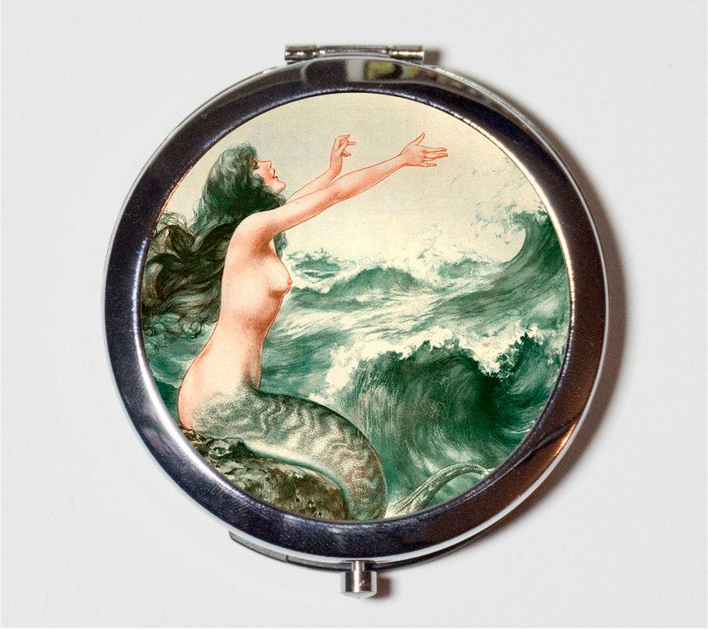 Parisian Mermaid Compact Mirror - Paris French Nautical Art Nouveau Deco - Make Up Pocket Mirror for Cosmetics