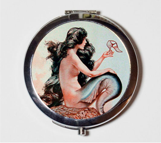 Parisian Mermaid Compact Mirror - Paris French Nautical Art Nouveau Deco On Rock - Make Up Pocket Mirror for Cosmetics