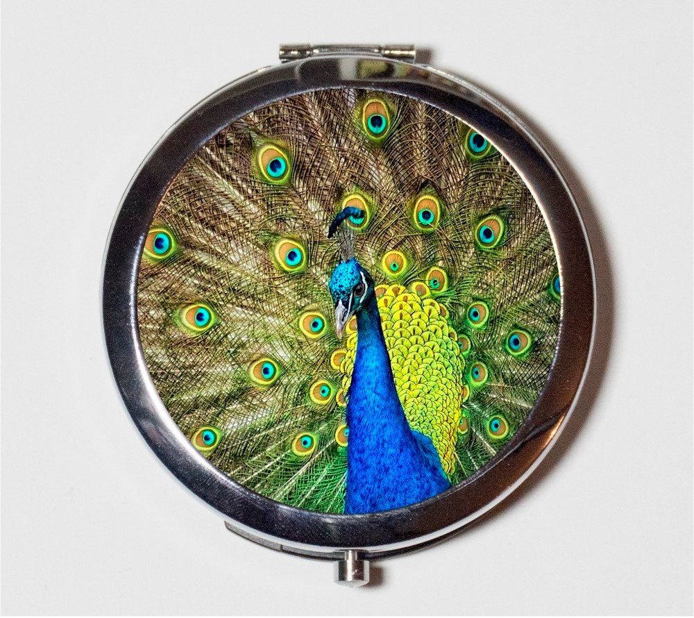 Peacock Compact Mirror - Beautiful Bird with Feathers - Make Up Pocket Mirror for Cosmetics