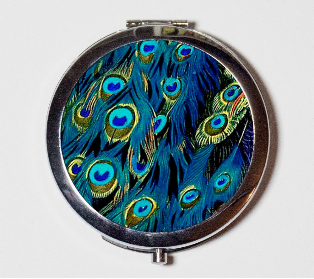 Peacock Art Deco Compact Mirror - Beautiful Bird with Feathers Version Two - Make Up Pocket Mirror for Cosmetics