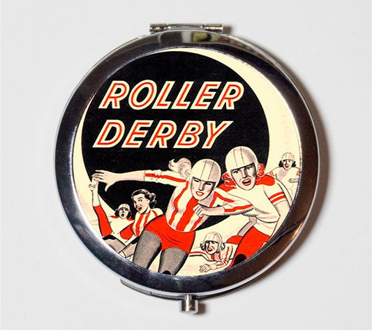 Roller Derby Comic Compact Mirror - Retro Vintage Roller Girl Ad - Make Up Pocket Mirror for Cosmetics