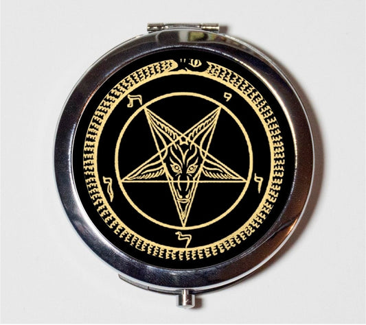 Pentagram Compact Mirror - Heavy Metal Goat's Head Occult - Make Up Pocket Mirror for Cosmetics