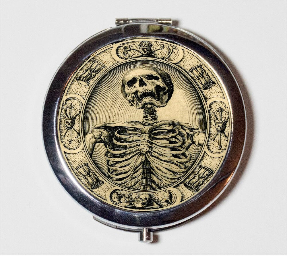 Skeleton Memento Mori Compact Mirror - Goth Dark Macabre - Make Up Pocket Mirror for Cosmetics