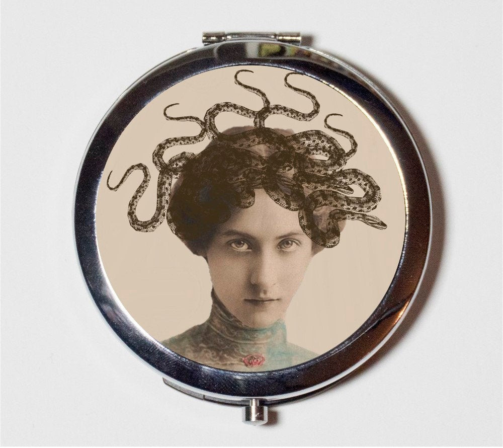 Snake Lady Medusa Compact Mirror - Victorian Altered Art Creepy - Make Up Pocket Mirror for Cosmetics