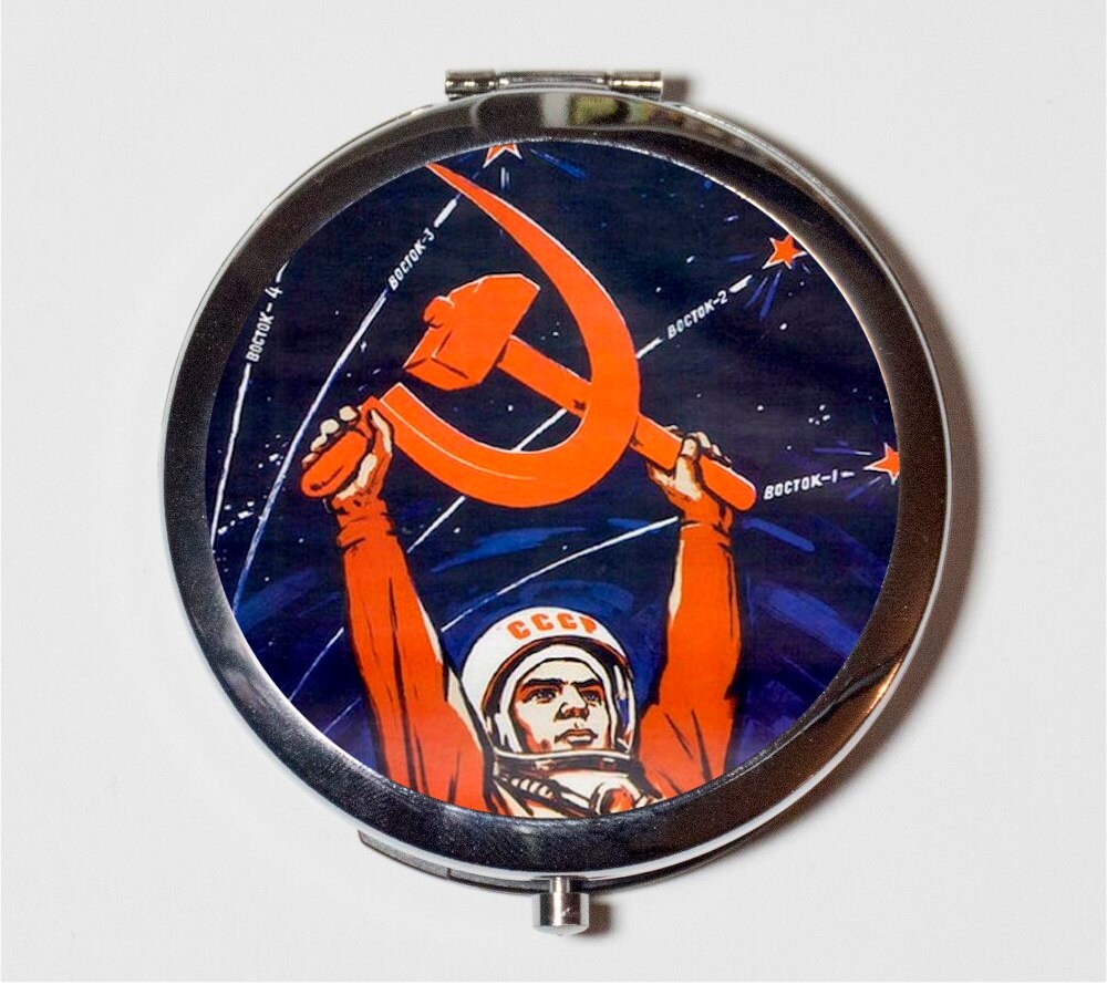 Soviet Union USSR Compact Mirror - Retro Cold War Space Age Propaganda Poster - Make Up Pocket Mirror for Cosmetics