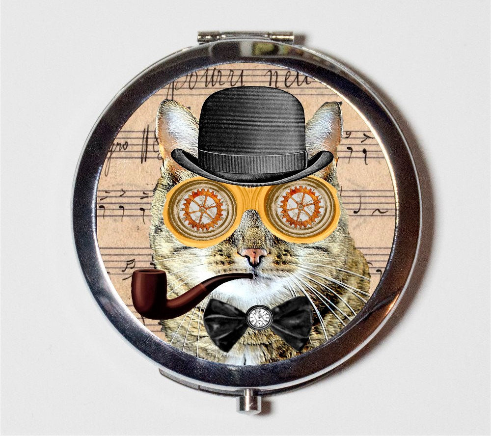 Victorian Steampunk Cat Compact Mirror - Altered Art - Make Up Pocket Mirror for Cosmetics