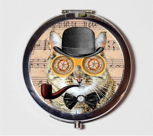 Victorian Steampunk Cat Compact Mirror - Altered Art - Make Up Pocket Mirror for Cosmetics