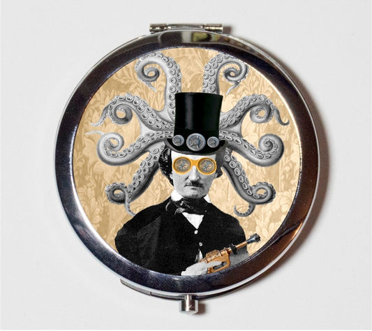 Victorian Steampunk Edgar Allan Poe Compact Mirror - Octopus Goggles Altered Art Literary Goth Author- Make Up Pocket Mirror for Cosmetics