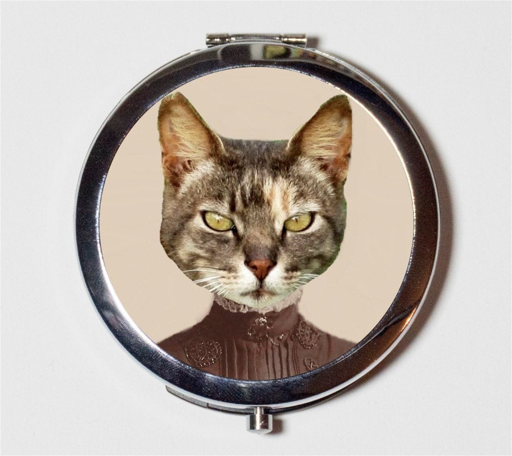 Victorian Cat Lady Compact Mirror - Altered Art Anthropomorphic Animal Art - Make Up Pocket Mirror for Cosmetics