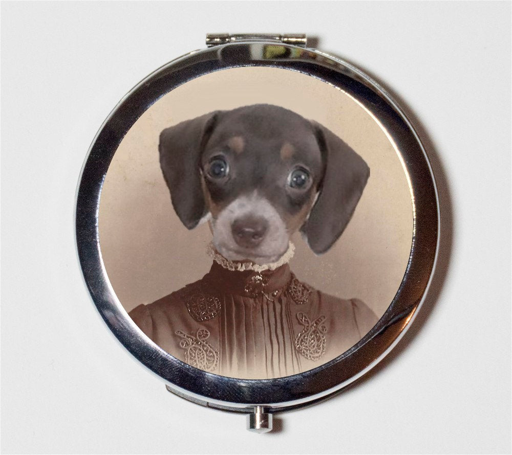 Victorian Dog Lady Compact Mirror - Wiener Dog Dachshund Altered Art Anthropomorphic Animal Art - Make Up Pocket Mirror for Cosmetics